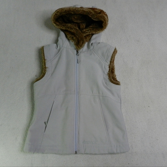 Marmot Windstopper Vest Womens White Fleece Softshell Fur Hood Winter Size Small - Picture 1 of 11